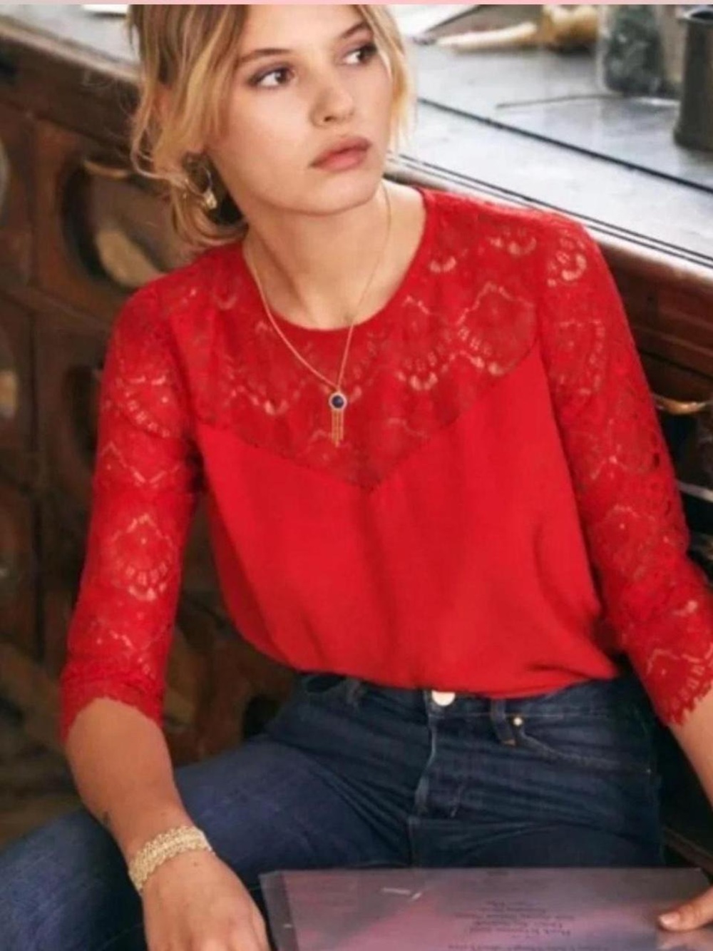 Sezane 100% Silk Red Lace Yoke Blouse